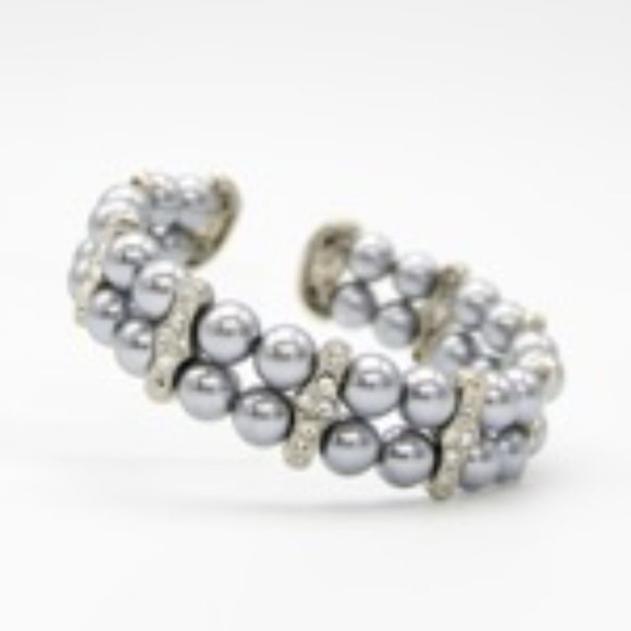 Silver w/Grey 2-Row Glass Pearl Cuff Bracelet - Picture 3 of 3